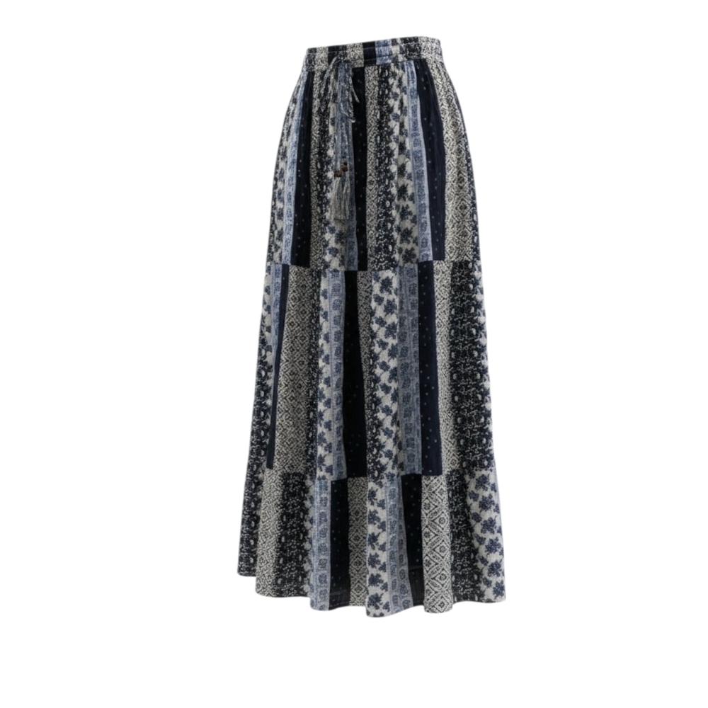 Bohemian Maxi Skirt by Gypsie Blu Sz L White & Blues  Cottagecore Patchwork